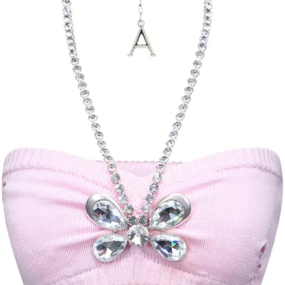 Like new AREA Bandeau Top in Light Pink knit crop top bra with diamond necklace